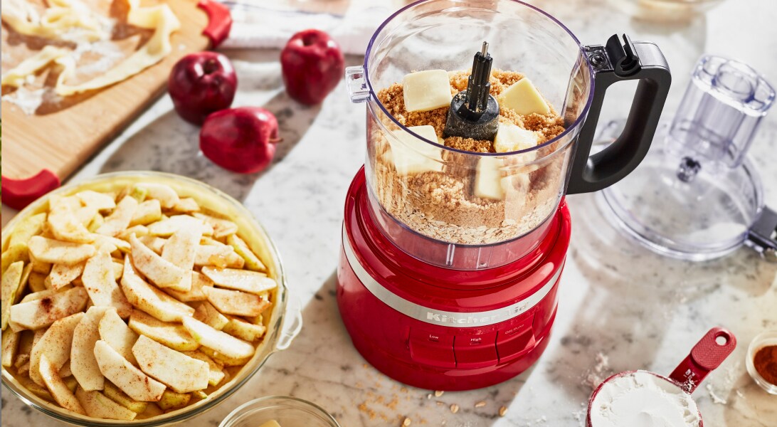KitchenAid® food processor making butter crumb topping for pie KitchenAid® food processor making butter crumb topping for pie
