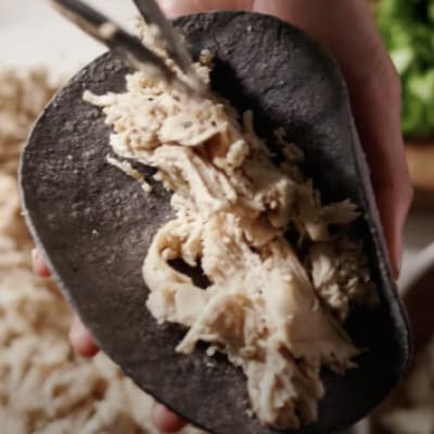 Shredded chicken on a tortilla