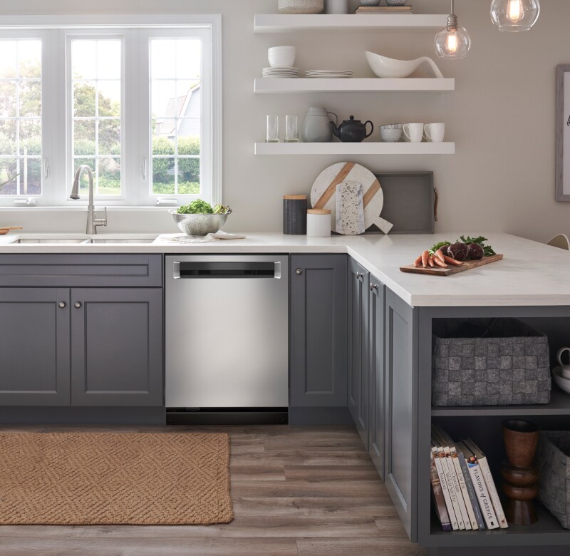 Kitchen with stainless dishwasher next to sink
