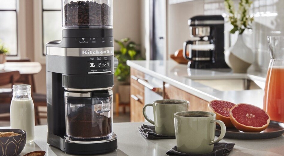 KitchenAid® coffee grinder and two cups of coffee KitchenAid® coffee grinder and two cups of coffee