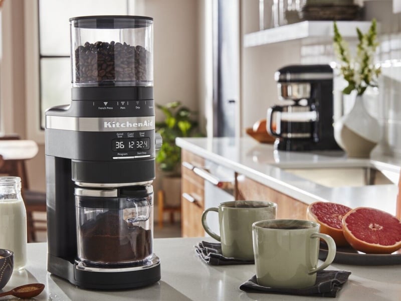 KitchenAid® coffee grinder and two cups of coffee KitchenAid® coffee grinder and two cups of coffee