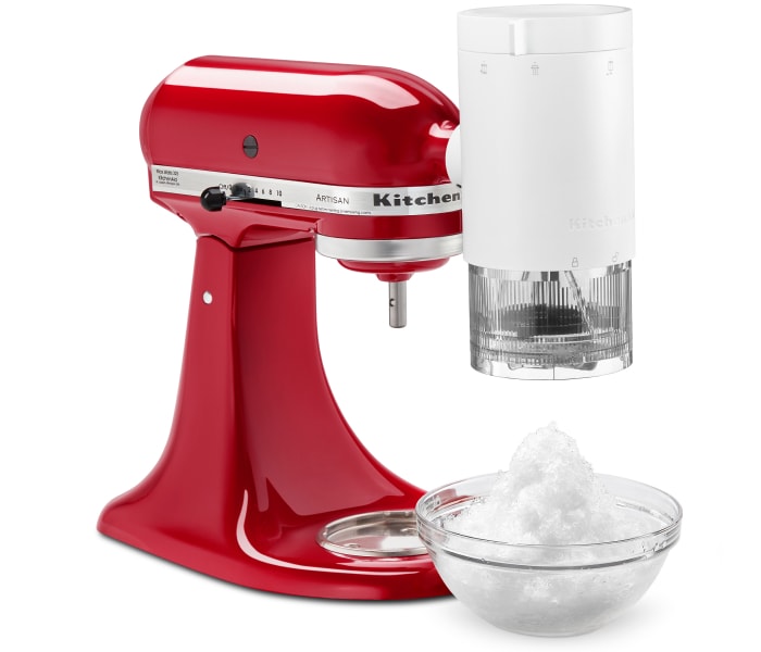 KitchenAid® stand mixer with Shave Ice Attachment creating shave ice