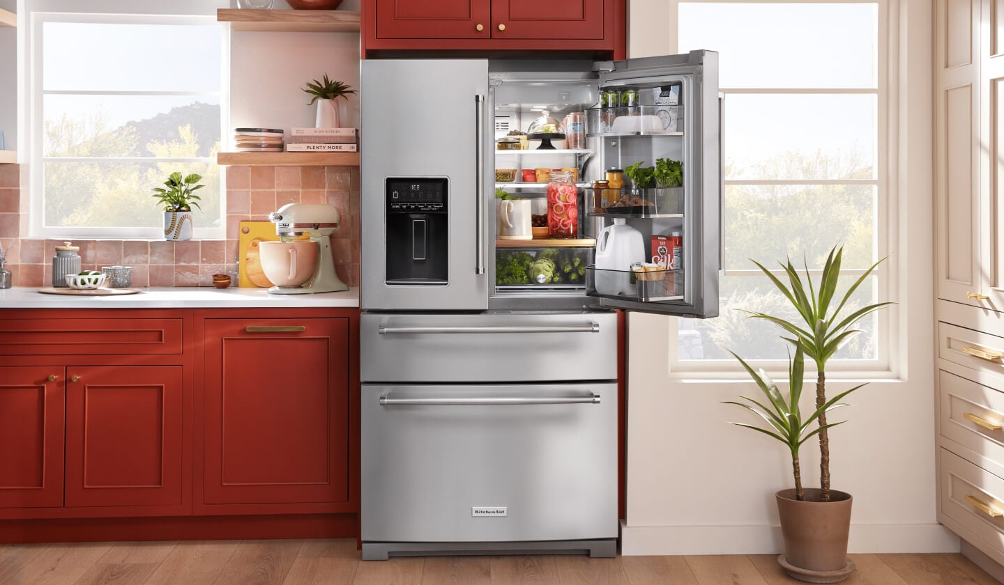 KitchenAid® French door refrigerator with the right door opened