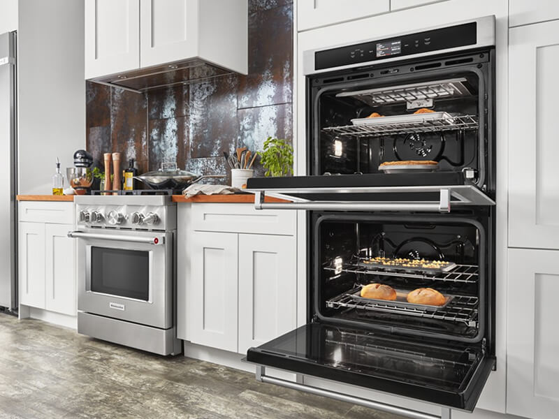 Open double wall oven in a modern kitchen