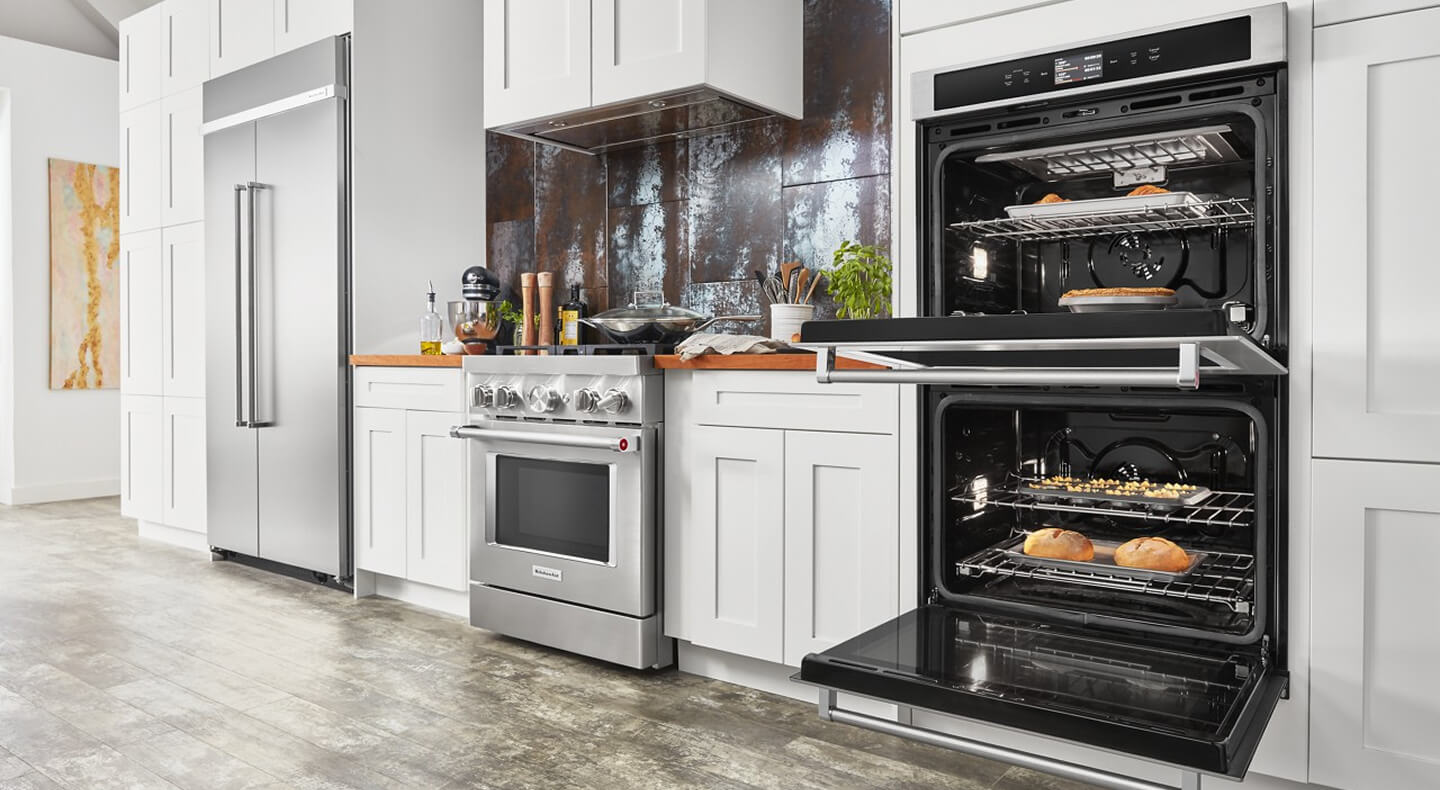 Open double wall oven in a modern kitchen