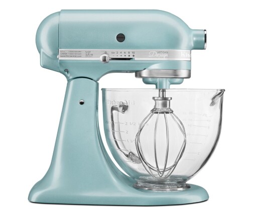 Side profile of light blue stand mixer with glass bowl