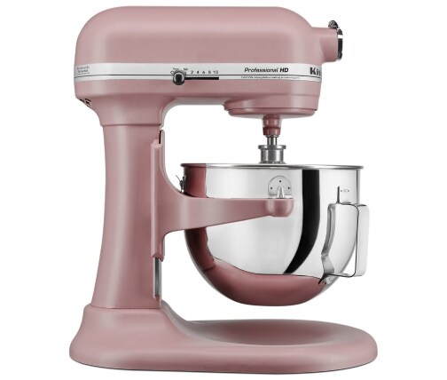 Side profile of matte pink bowl-lift stand mixer