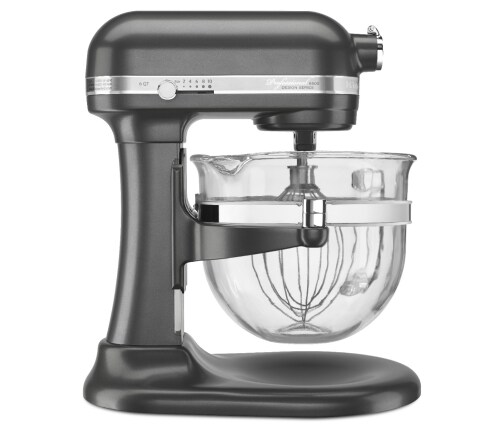 Side profile of large pewter-colored bowl-lift stand mixer for expert bakers