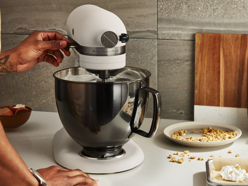 White KitchenAid® stand mixer on a countertop White KitchenAid® stand mixer on a countertop