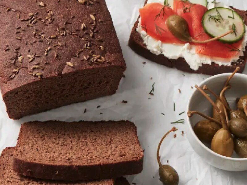 A homemade loaf of pumpernickel bread.