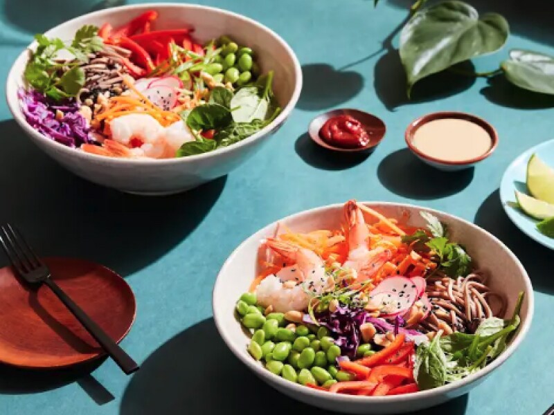 Two bowls of homemade soba noodles with toppings.