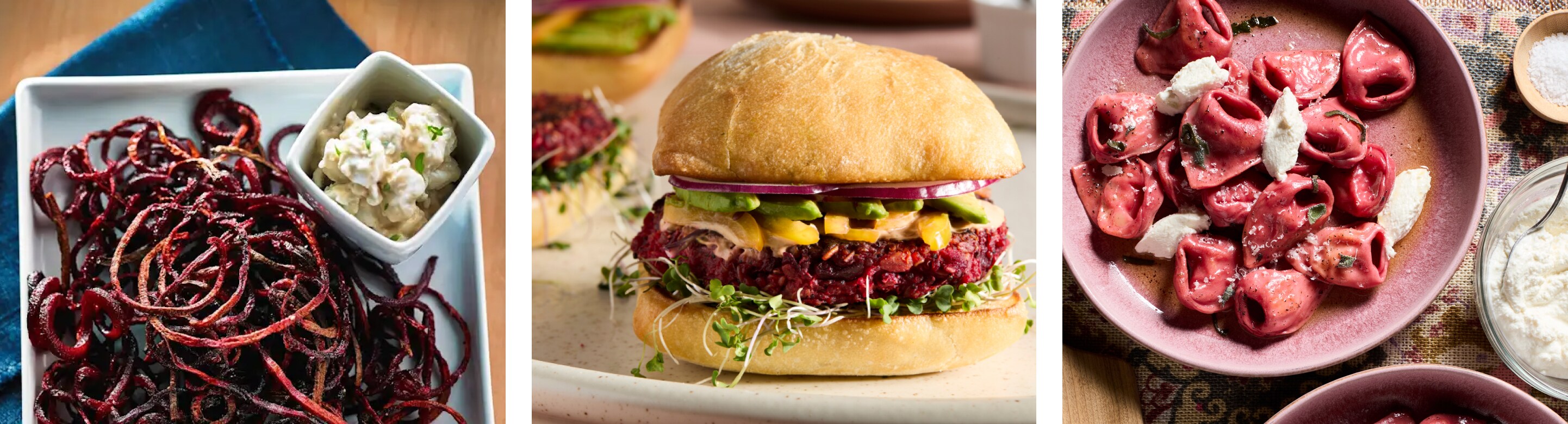 Beetroot strings and dipping sauce. Beetroot burger on white plate. Beetroot tortellini surrounded by ingredients Beetroot strings and dipping sauce. Beetroot burger on white plate. Beetroot tortellini surrounded by ingredients