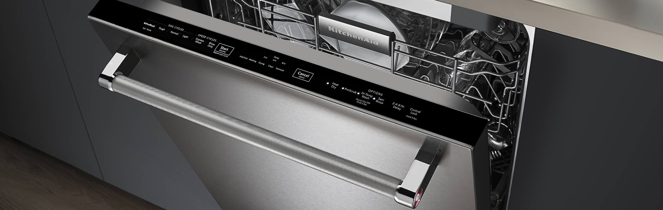 KitchenAid® dishwasher with door slightly ajar