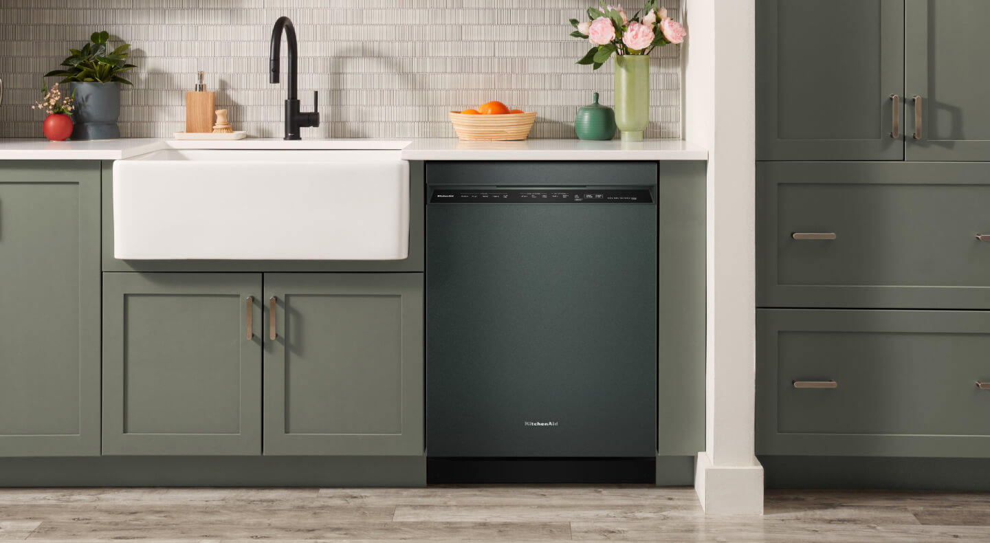 Juniper KitchenAid® Dishwasher in sage green cabinetry