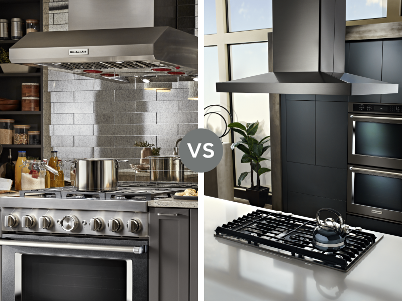 Split images of a ducted vs ductless range hood Split images of a ducted vs ductless range hood