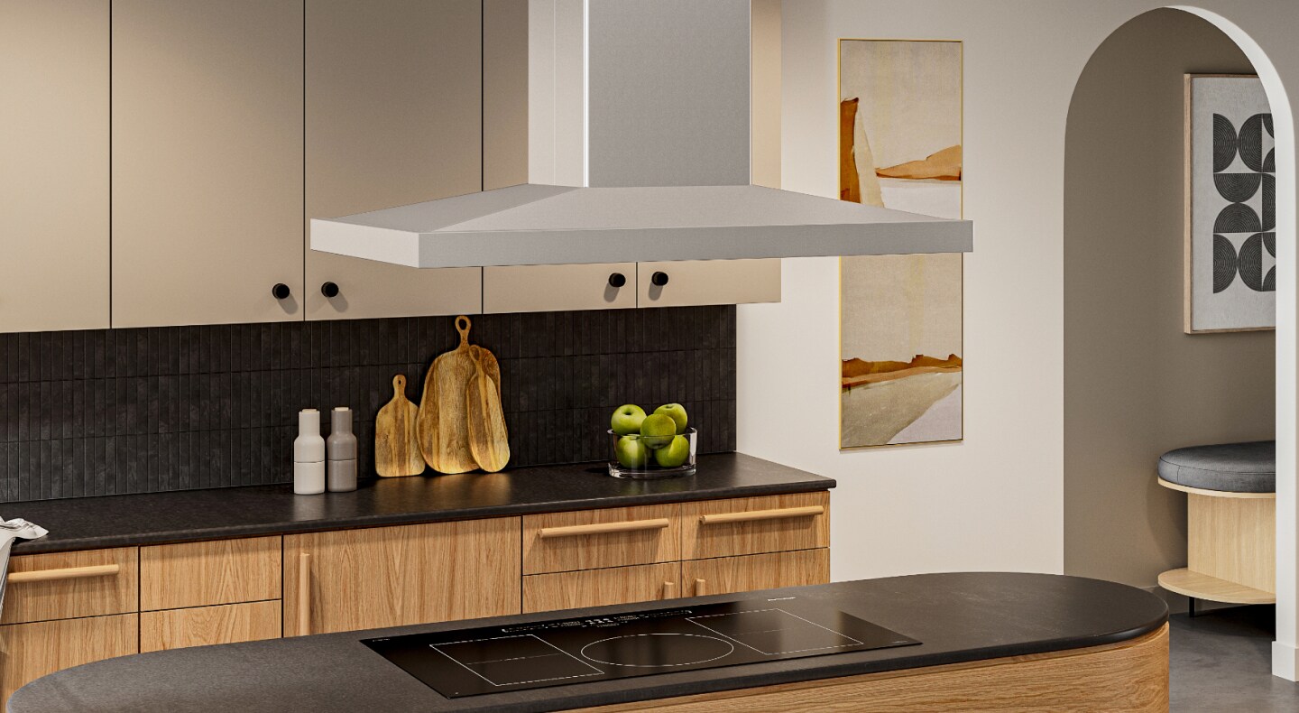 KitchenAid® Island-Mount Canopy Hood above an induction cooktop on an island