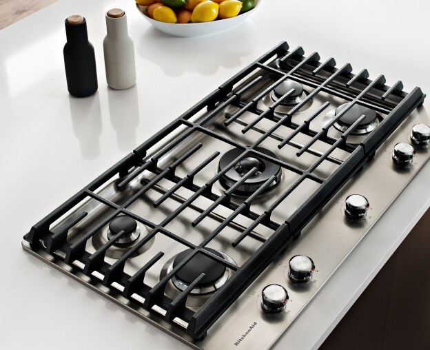Gas cooktop on white countertop