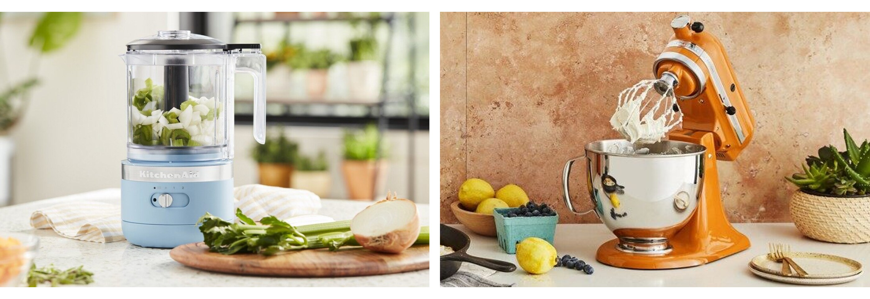 Blue KitchenAid brand food processor with onions in bowl and orange stand mixer with frosting on whisk