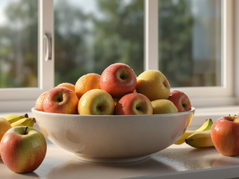 Apples and bananas in a bowl on a kitchen counter