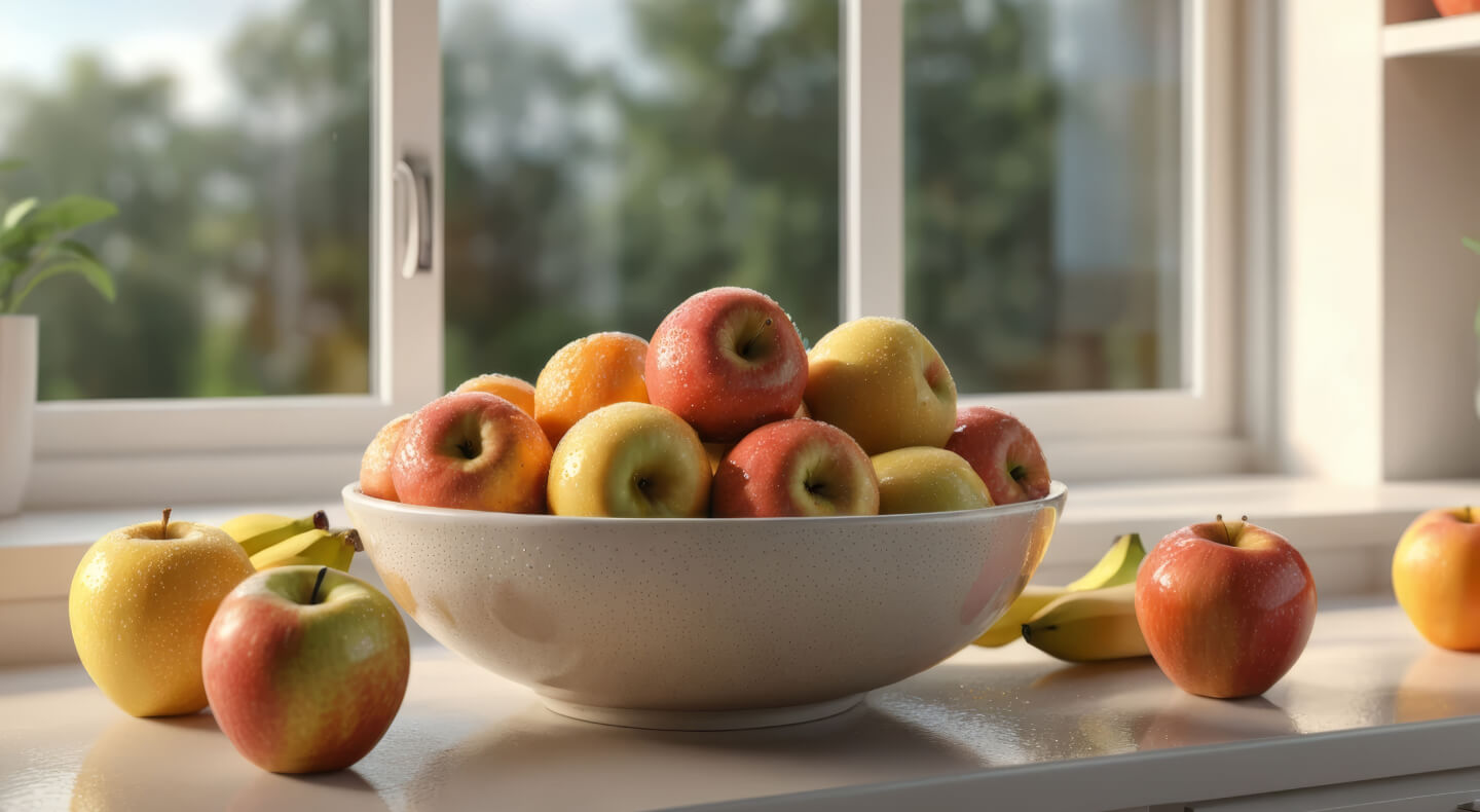 Apples and bananas in a bowl on a kitchen counter