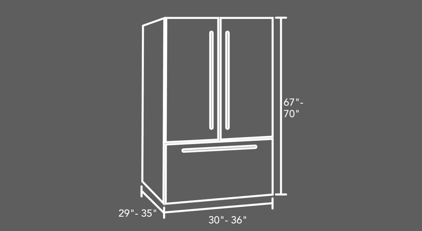 A diagram of a 30- to 36-inch French door refrigerator A diagram of a 30- to 36-inch French door refrigerator