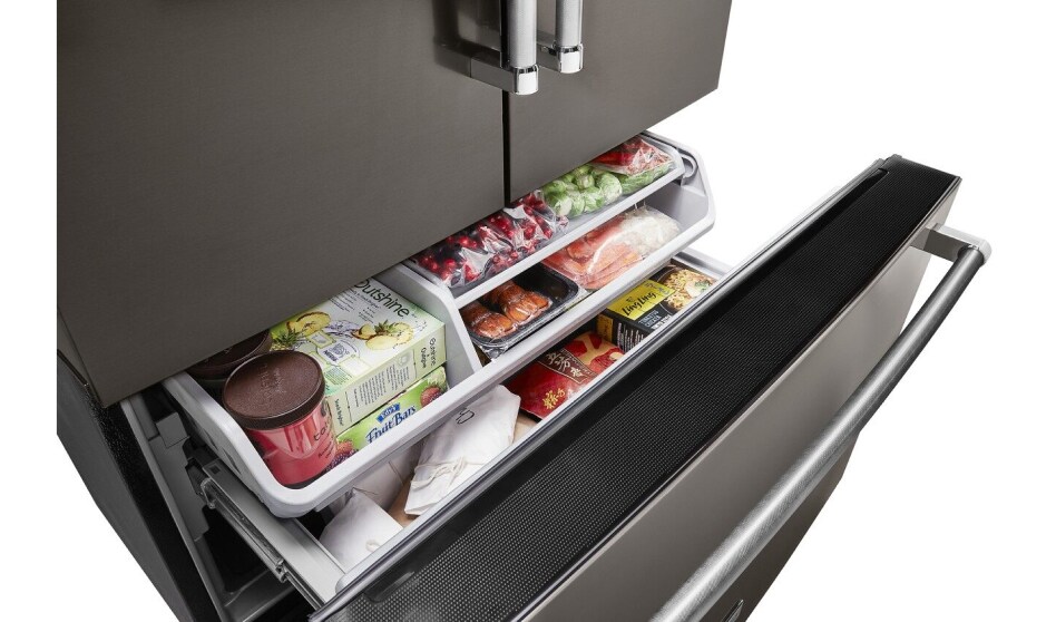 French door refrigerator drawer open with food inside French door refrigerator drawer open with food inside