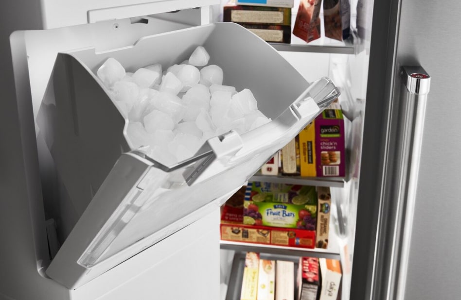 Side by side refrigerator open showing in-door ice storage Side by side refrigerator open showing in-door ice storage