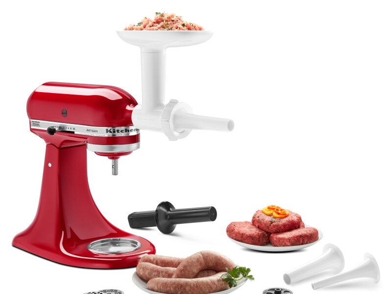 Red KitchenAid® stand mixer with Food Grinder Attachment and Sausage Stuffer Kit