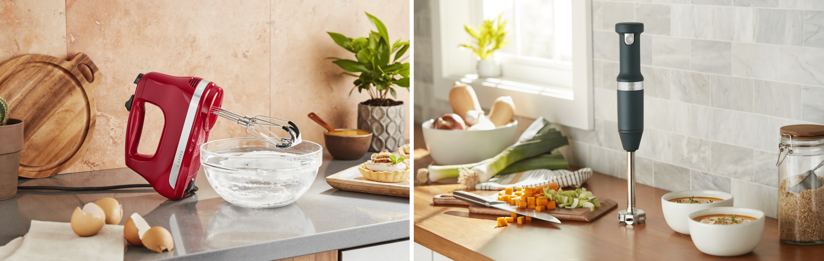 Red KitchenAid® hand mixer on countertop next to black KitchenAid® immersion blender