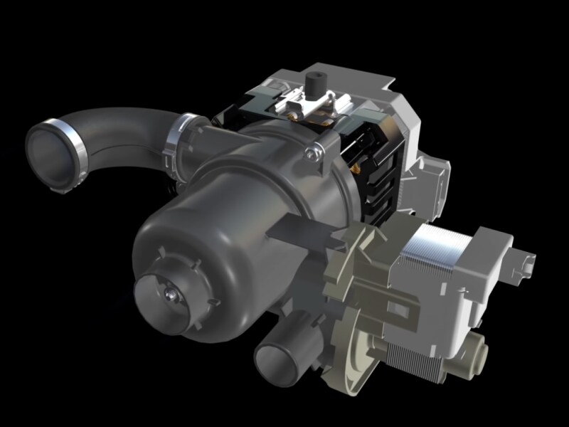 The circulation pump and motor of a KitchenAid® dishwasher.