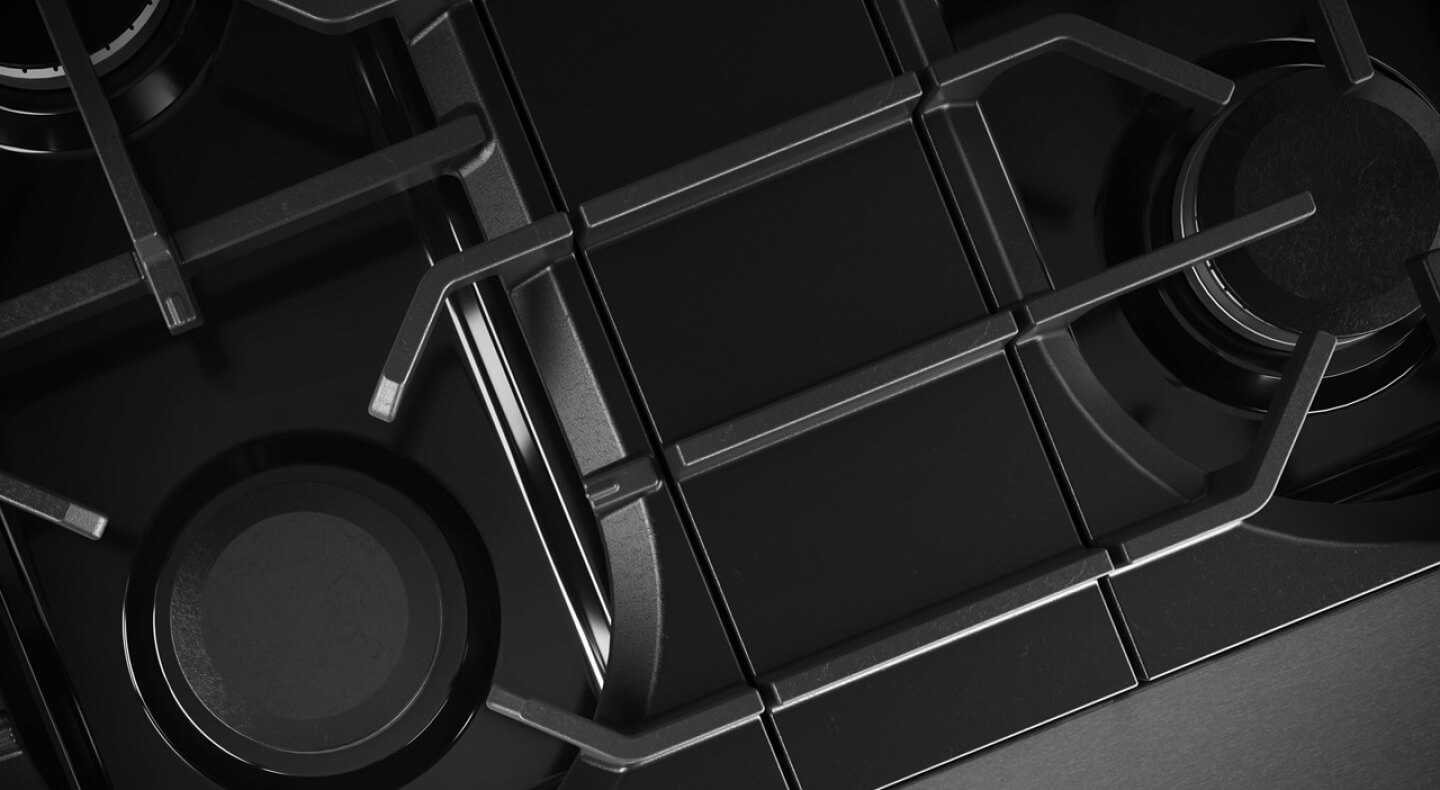 The burners and grates on a gas stovetop