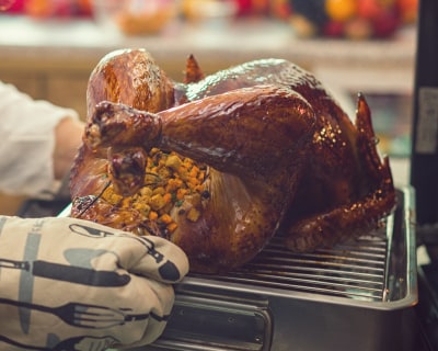 Oven mitt hands pulling a roasted turkey out of the oven