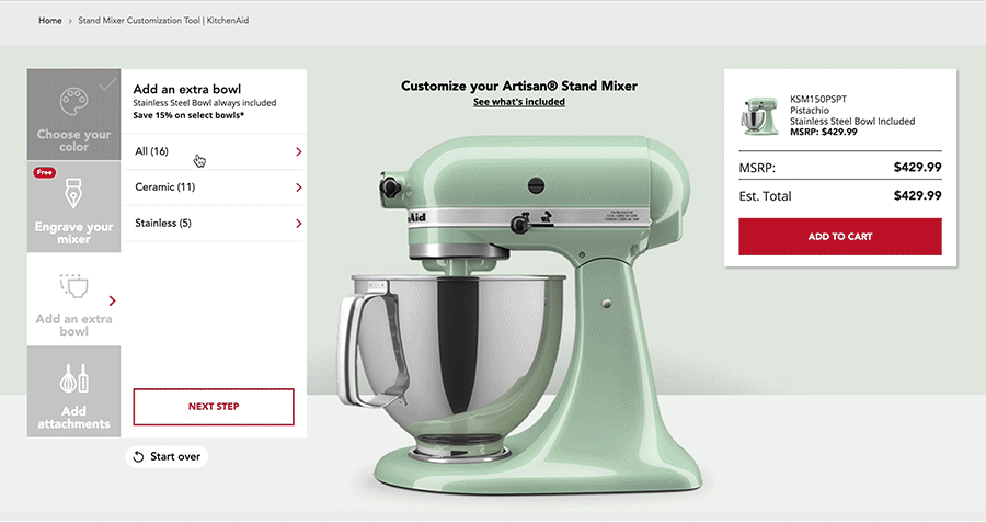 Gif of the KitchenAid customization tool bowl selection 