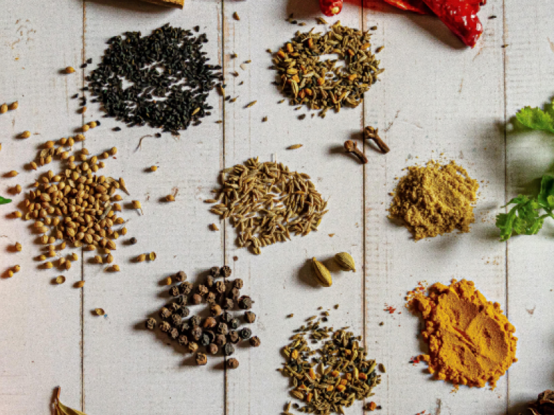 Herbs and spices on wooden table Herbs and spices on wooden table