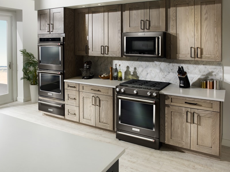 Black KitchenAid® slide-in range, microwave and double wall oven Black KitchenAid® slide-in range, microwave and double wall oven