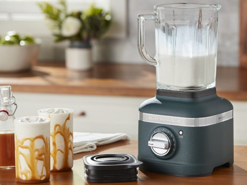 KitchenAid® blender next to two caramel frappes