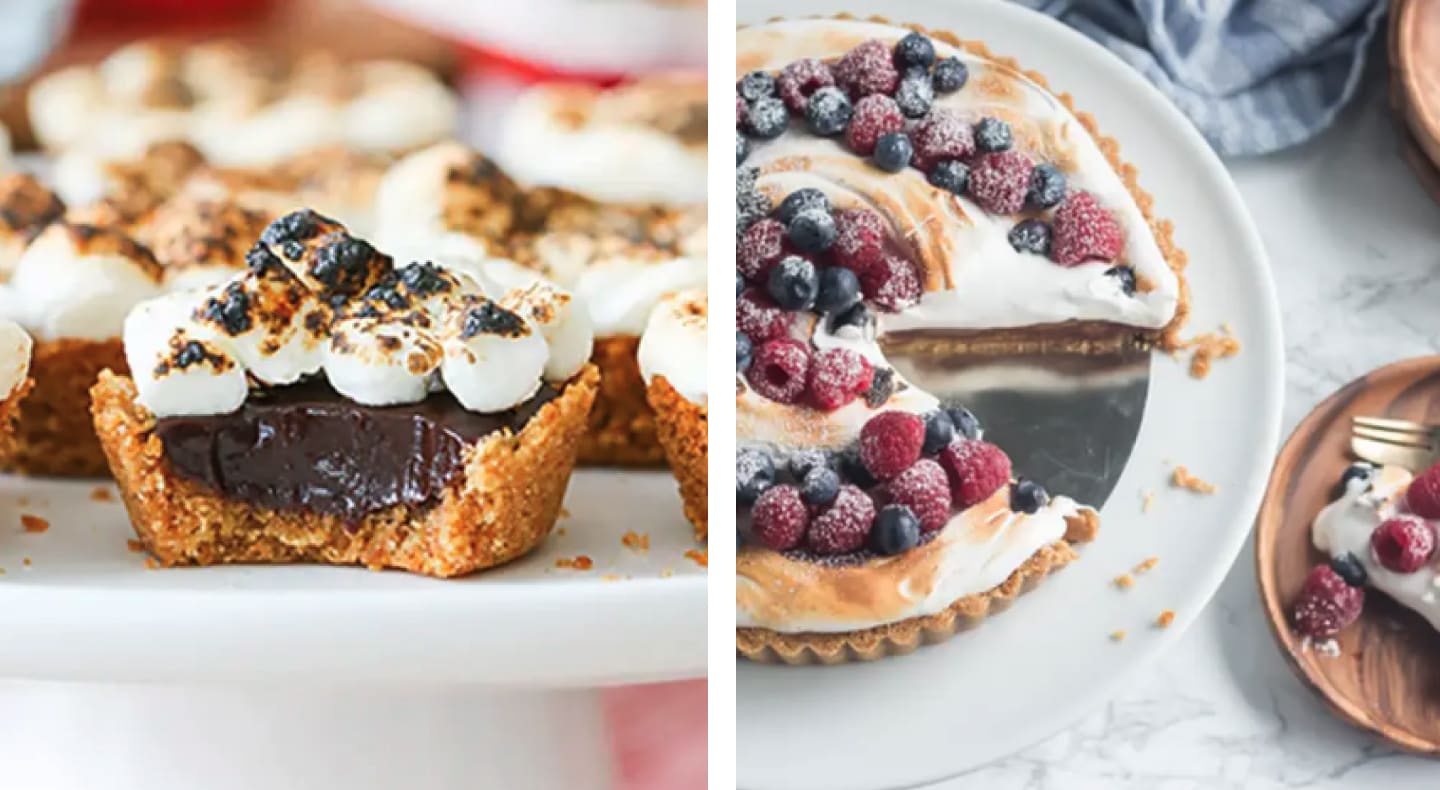 Side-by-side images of s'mores tarts and meringue pie topped with fresh fruit Side-by-side images of s'mores tarts and meringue pie topped with fresh fruit