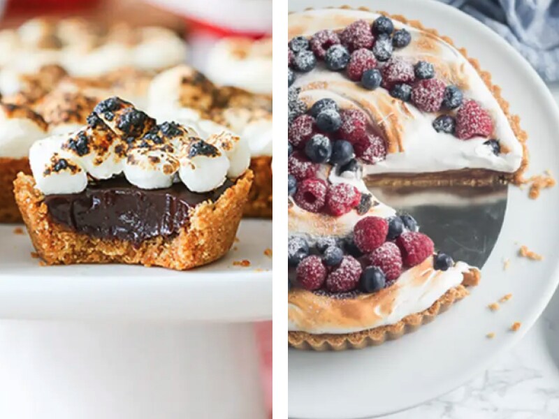 Side-by-side images of s'mores tarts and meringue pie topped with fresh fruit Side-by-side images of s'mores tarts and meringue pie topped with fresh fruit