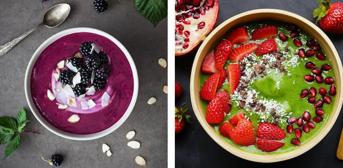 Side-by-side images of acai bowls with various fruit, nut and seed toppings Side-by-side images of acai bowls with various fruit, nut and seed toppings