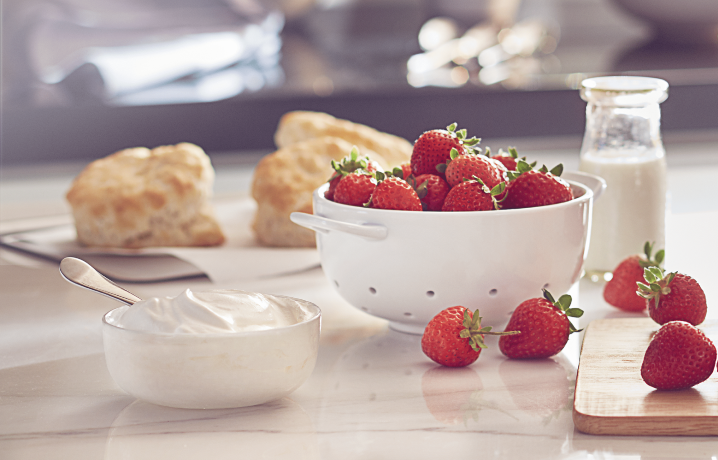 Fresh strawberries and whipped cream topping for the Belgian waffles. Fresh strawberries and whipped cream topping for the Belgian waffles.