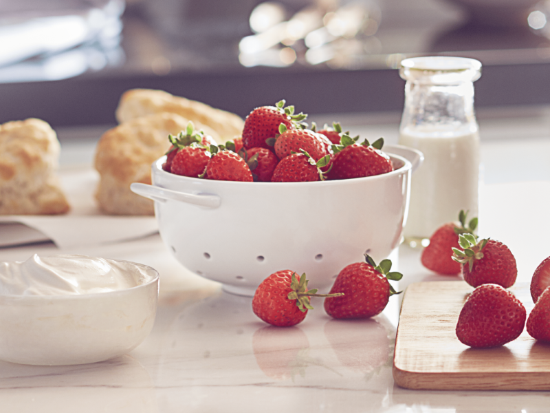 Fresh strawberries and whipped cream topping for the Belgian waffles. Fresh strawberries and whipped cream topping for the Belgian waffles.