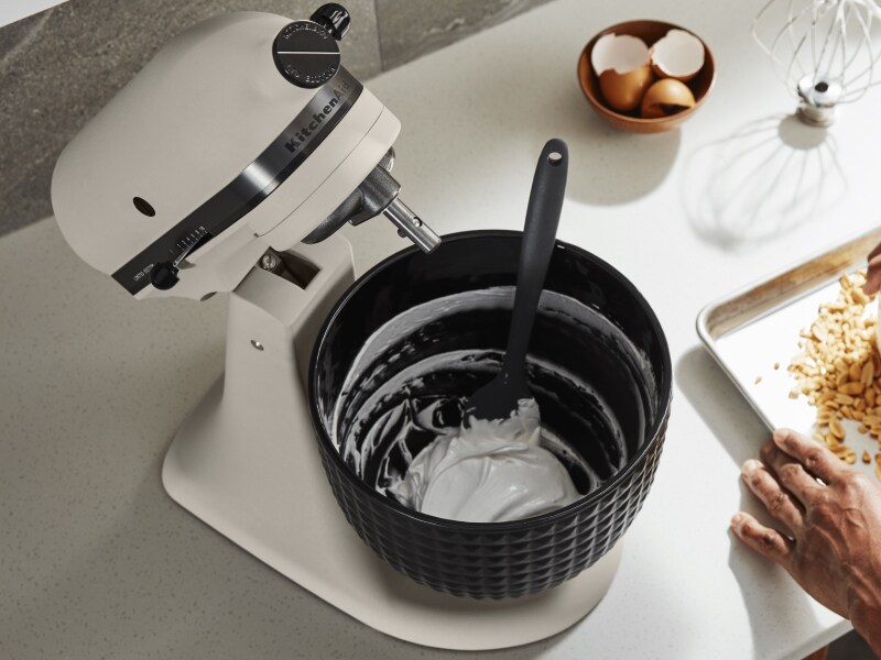 Whipped egg whites in a KitchenAid®  stand mixer mixing bowl. 