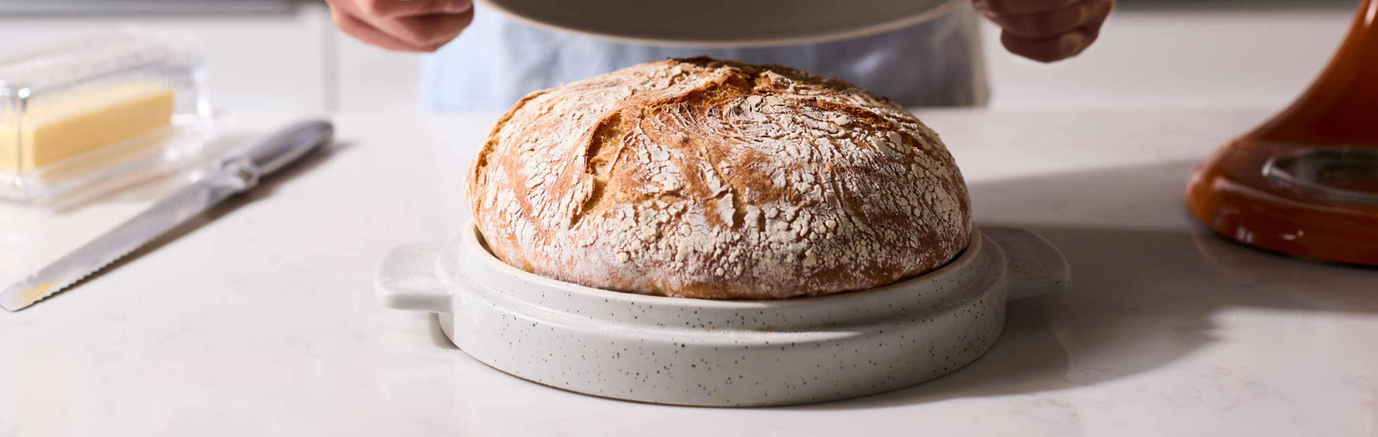 Fresh loaf of bread on a KitchenAid® Bread Bowl Lid
