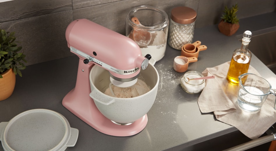 Silk Pink stand mixer on counter with other bread making equipment Silk Pink stand mixer on counter with other bread making equipment
