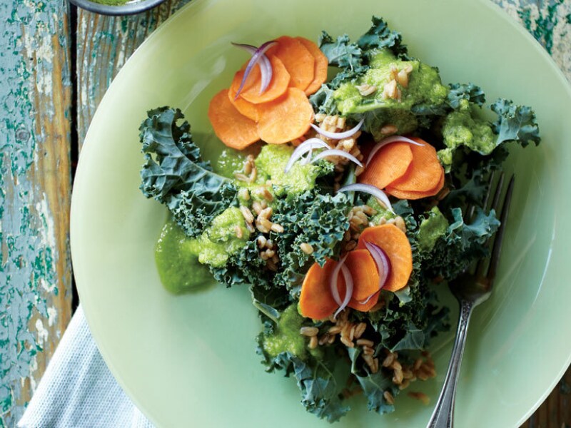 A closeup of a chopped kale salad with sliced carrots and onions. A closeup of a chopped kale salad with sliced carrots and onions.