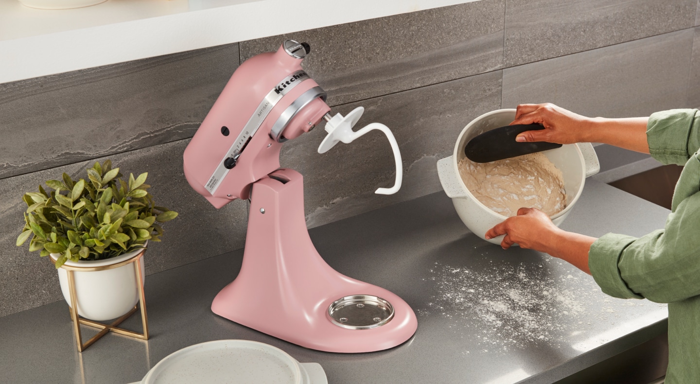 Pink KitchenAid® stand mixer with Dough Hook Attachment