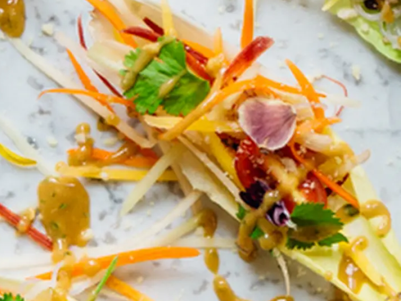 Appetizers topped with shredded vegetables and fresh herbs Appetizers topped with shredded vegetables and fresh herbs