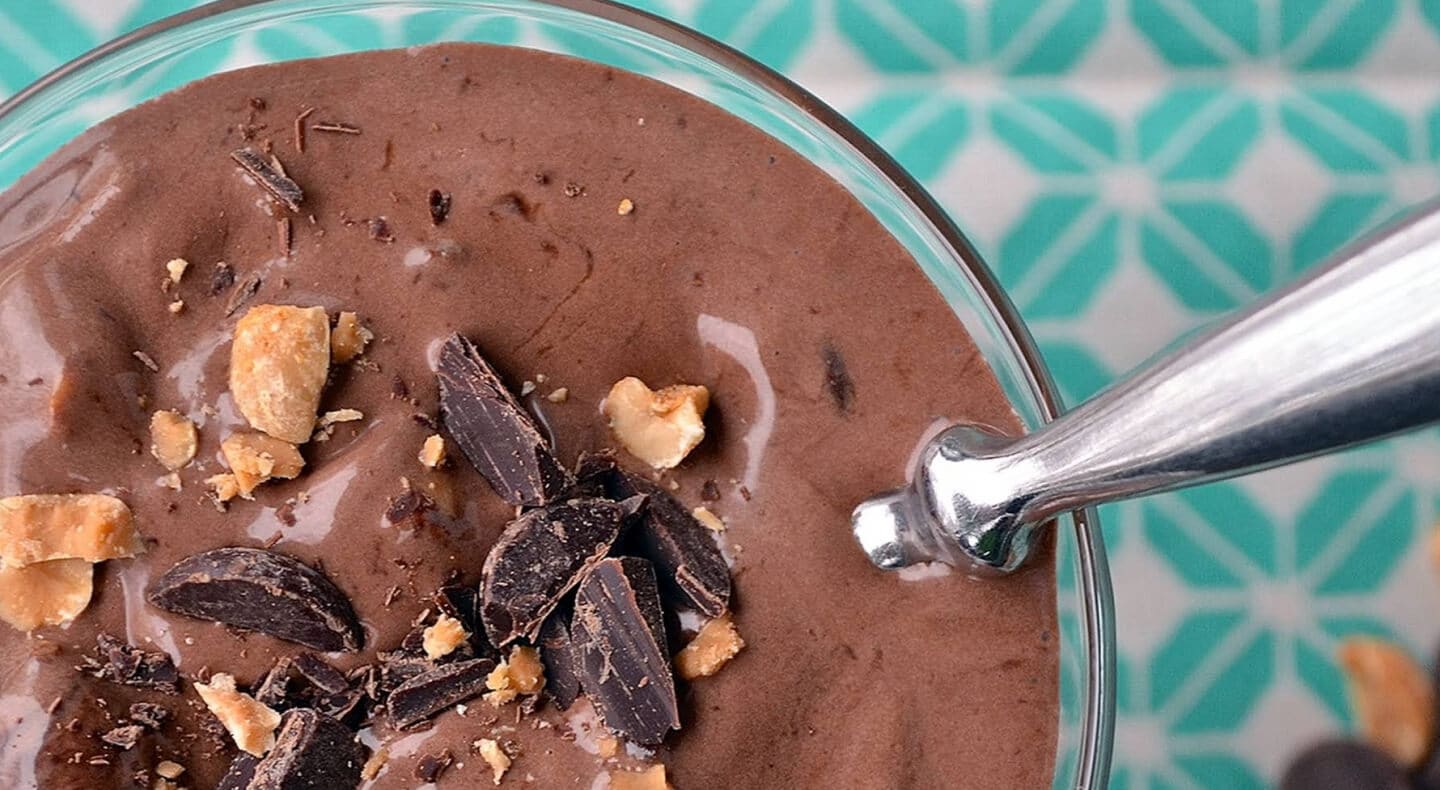 Blended chocolate beverage topped with chocolate candy Blended chocolate beverage topped with chocolate candy