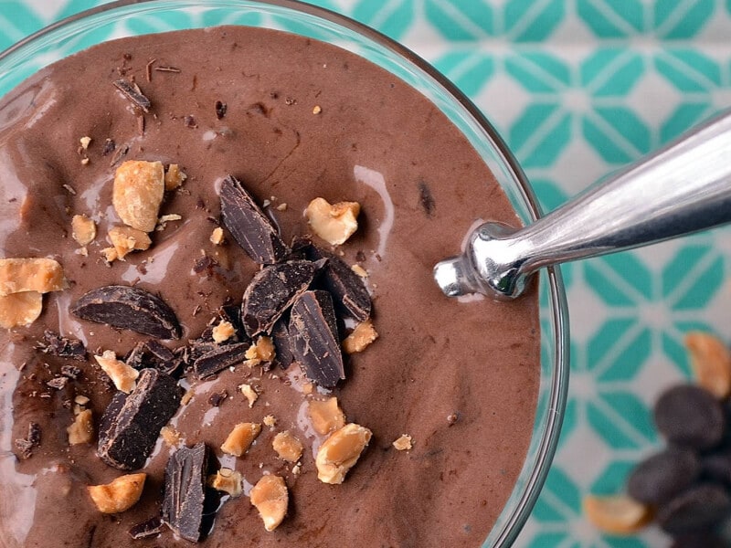 Blended chocolate beverage topped with chocolate candy Blended chocolate beverage topped with chocolate candy