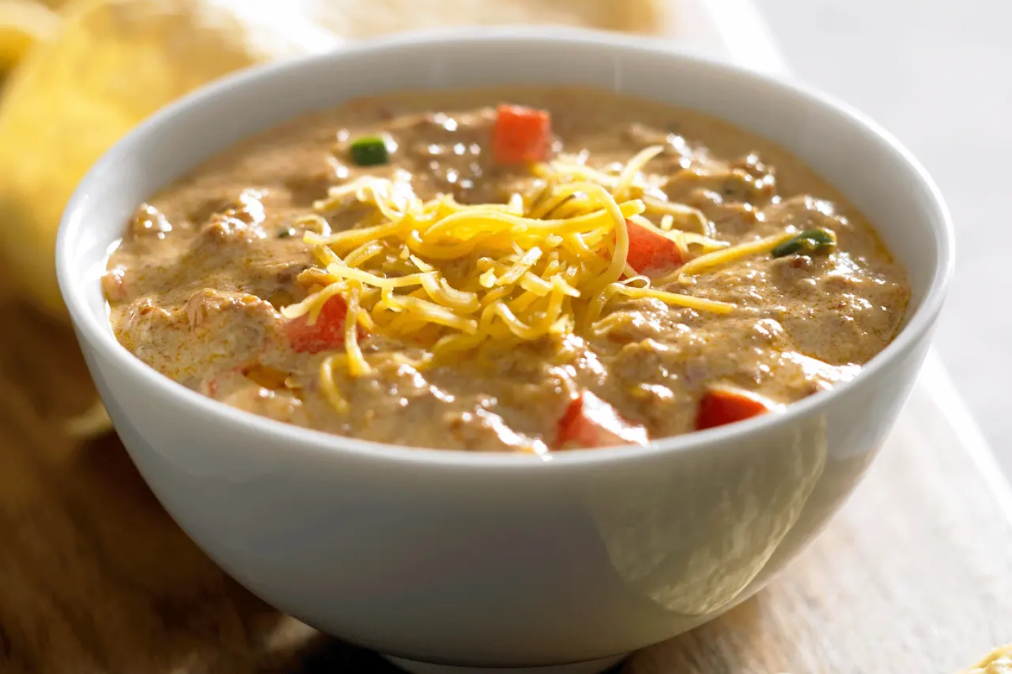Close-up of bowl of queso with cheese sprinkled on top and mixed-in veggies Close-up of bowl of queso with cheese sprinkled on top and mixed-in veggies